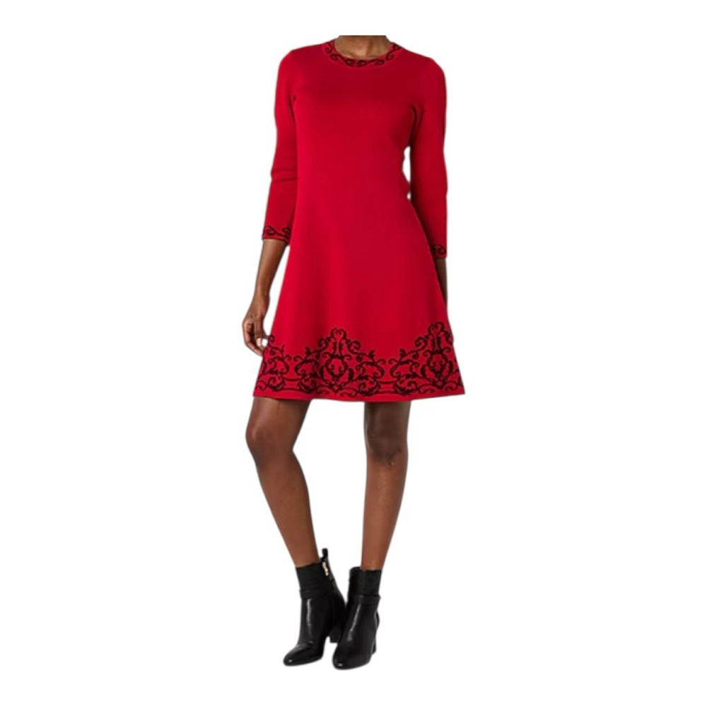 JH Collection Scroll 3/4 Sleeve Sweater Dress Red/Black Size XL
